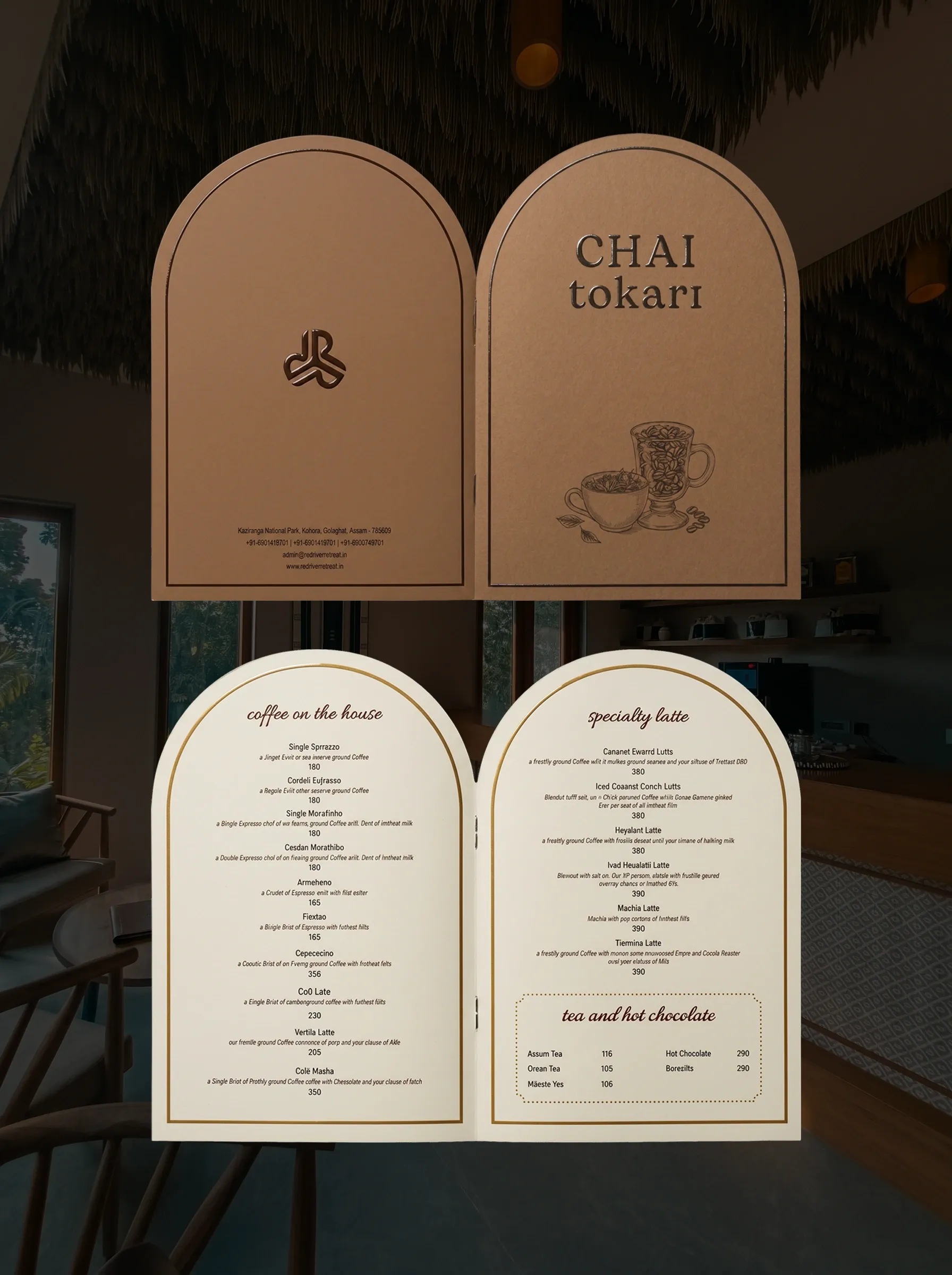 Chai Tokari café menu photographed open, staged in the café